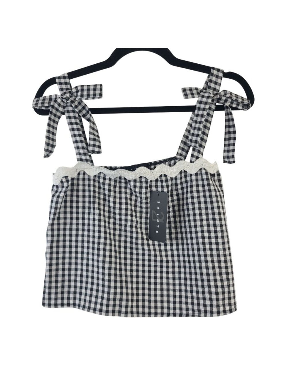 NEW 21 Saints Black & White Gingham Tank Top Tie Straps & Scalloped Trim Sz M